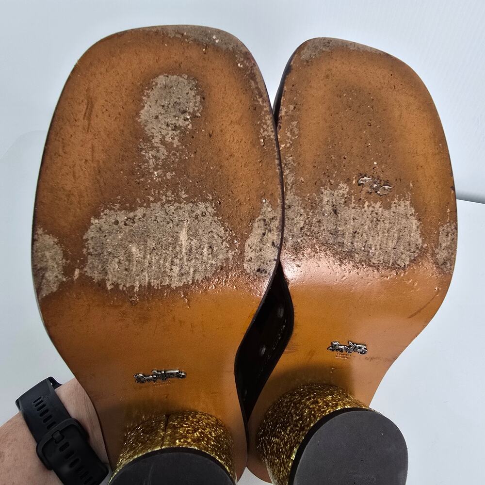 Coach Clog Slide Glitter Heel Brown Leather Shearling Insole Swarovski Crystal 7 - Picture 12 of 13